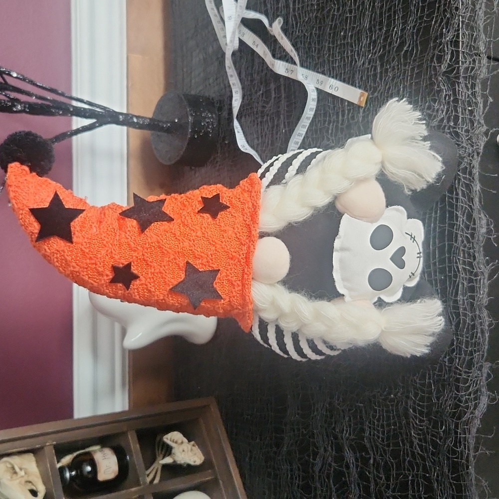 Halloween Gnome with Orange Hat and Skull